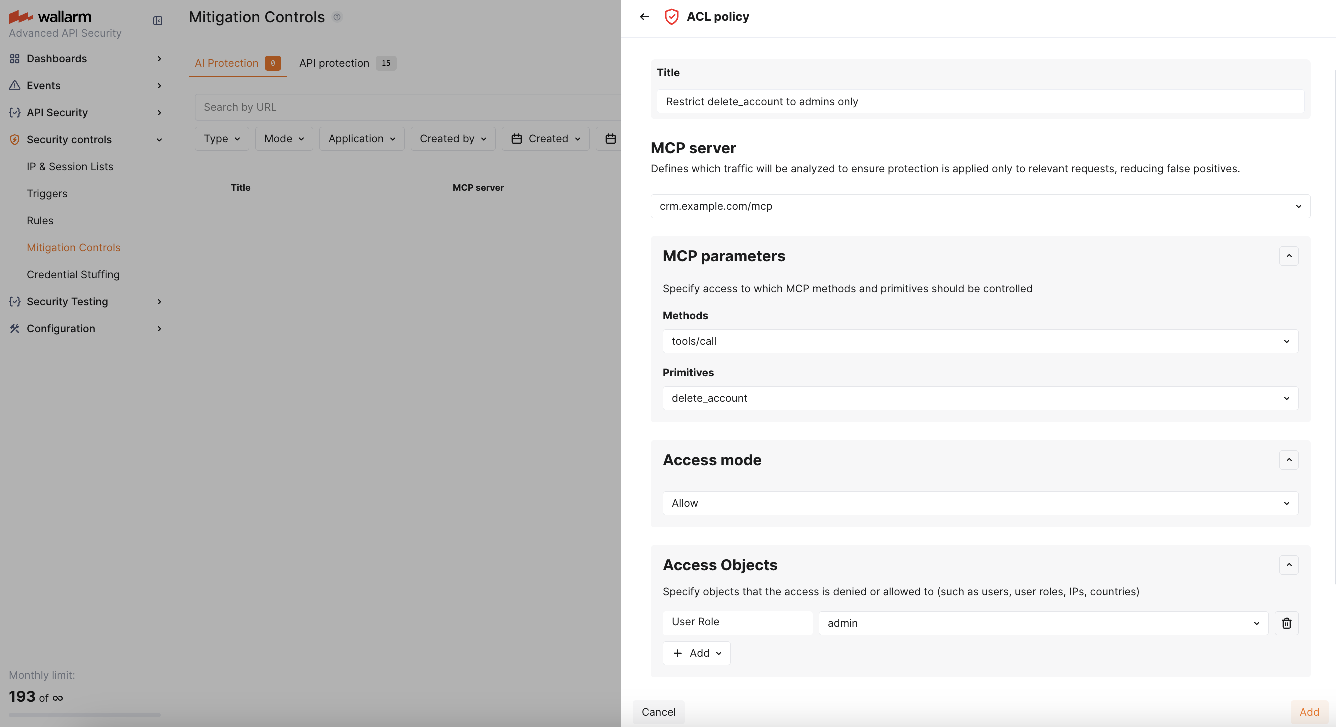 MCP mitigation control example: Restrict delete_account to admins only
